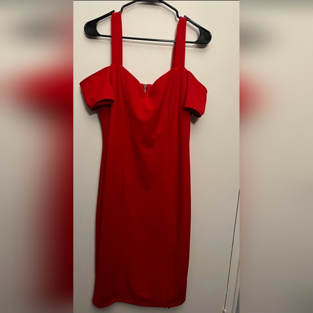 BISOU BISOU Peek-a-boo red shoulder body con midi cocktail dress w: zipper back